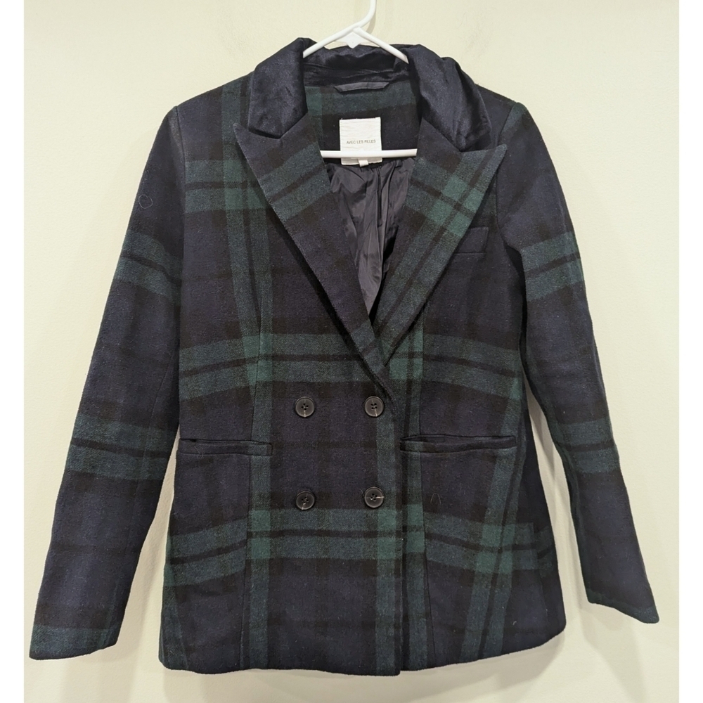 Avec Les Filles Tartan Plaid Green Blue Short Peacoat Size Small